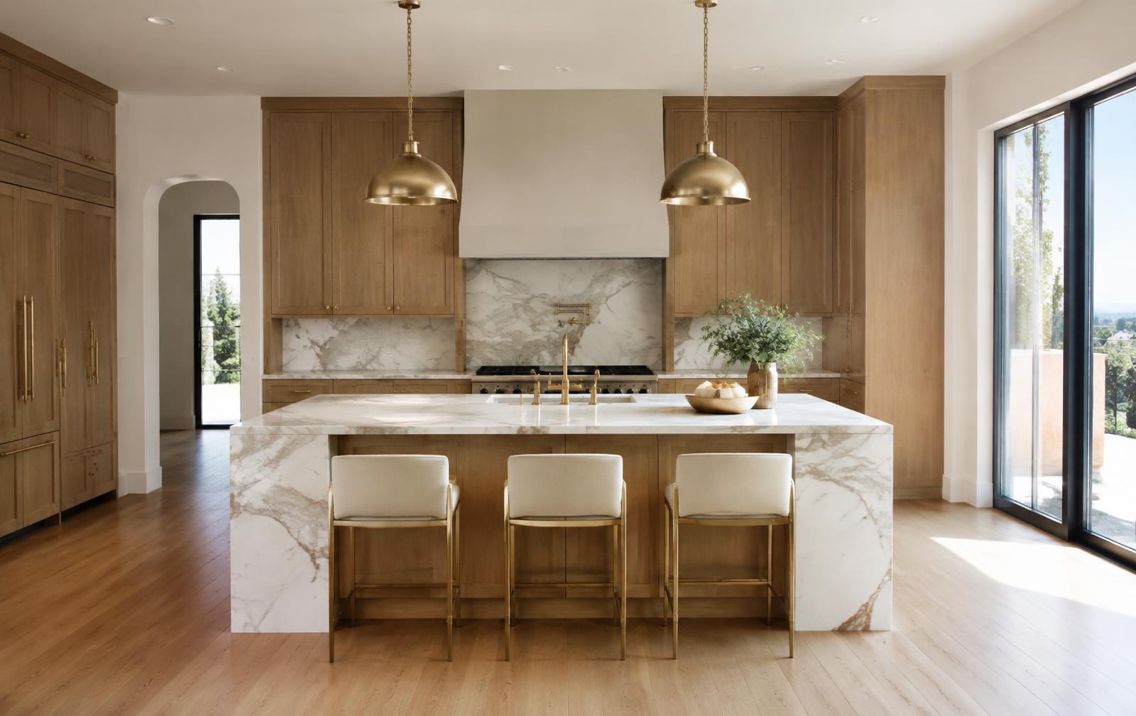 Kitchen with Calacatta marble waterfall island